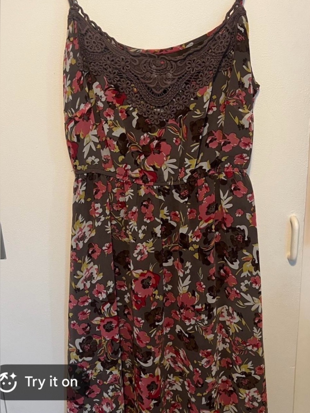 Romy Gray Midi Dress with Pink Floral Print and Lace Yoke